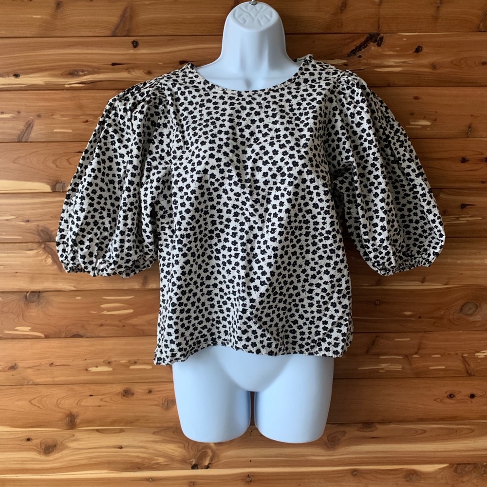 H&M Womens Shirt Blouse Top Black White Floral Balloon Sleeves Tie Back Medium.